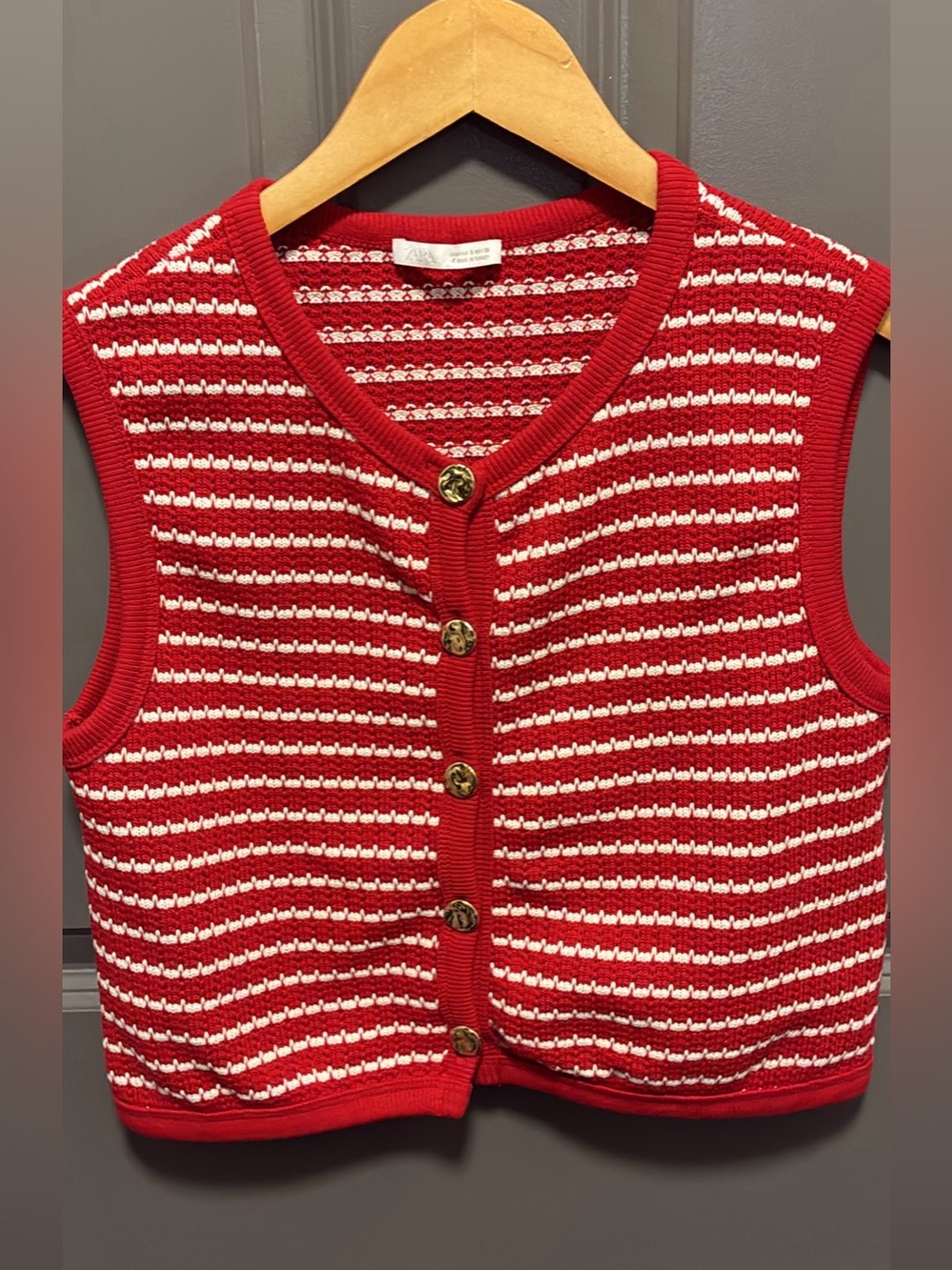 Zara Red & White Striped Knit Button-Front Vest